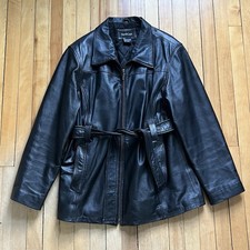 Vintage Y2k Black Leather Jacket with Collar Full Zip Women Sz - Large