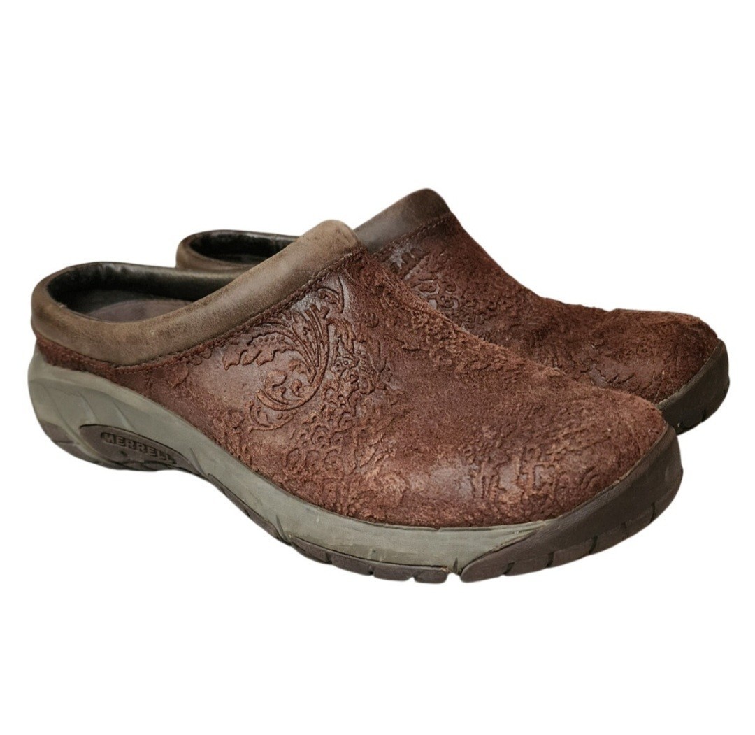 Merrell Encore zoccoli scarpe donna taglia 8 marrone pelle lavorata slip on J69420