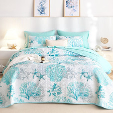 - Coastal Quilt Set, Nautical Ocean Beach Themed Tropical Summer Patterned, Reve