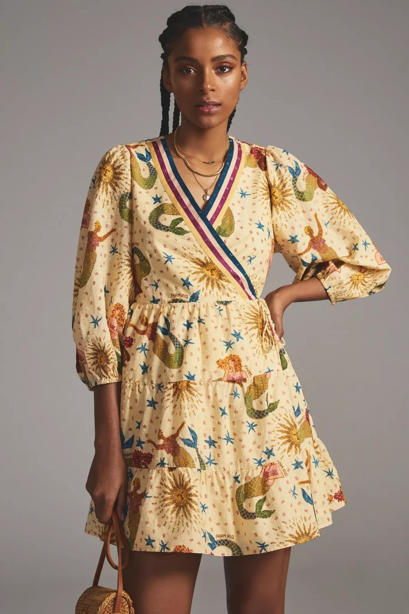 NWT Farm Rio x Anthropologie Mermaid Print Wrap Mini Dress XXS 2XS