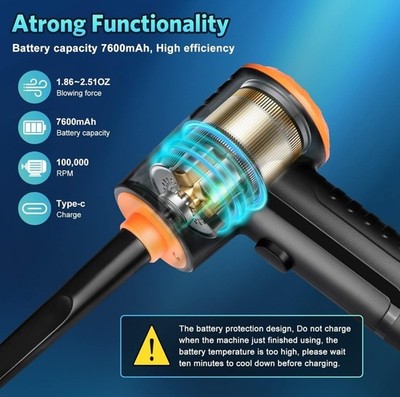 Hoofun Elektrischer Staubwedel - 100000 U/min, 3 Geschwindigkeiten Kabelloses Luftgebläse mit LED 