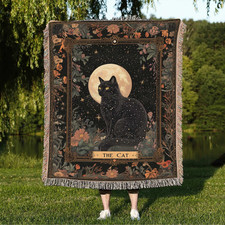 Handmade Black Cat Woven Throw Blanket For Tarot Lover Blanket Gift For Cat Mom