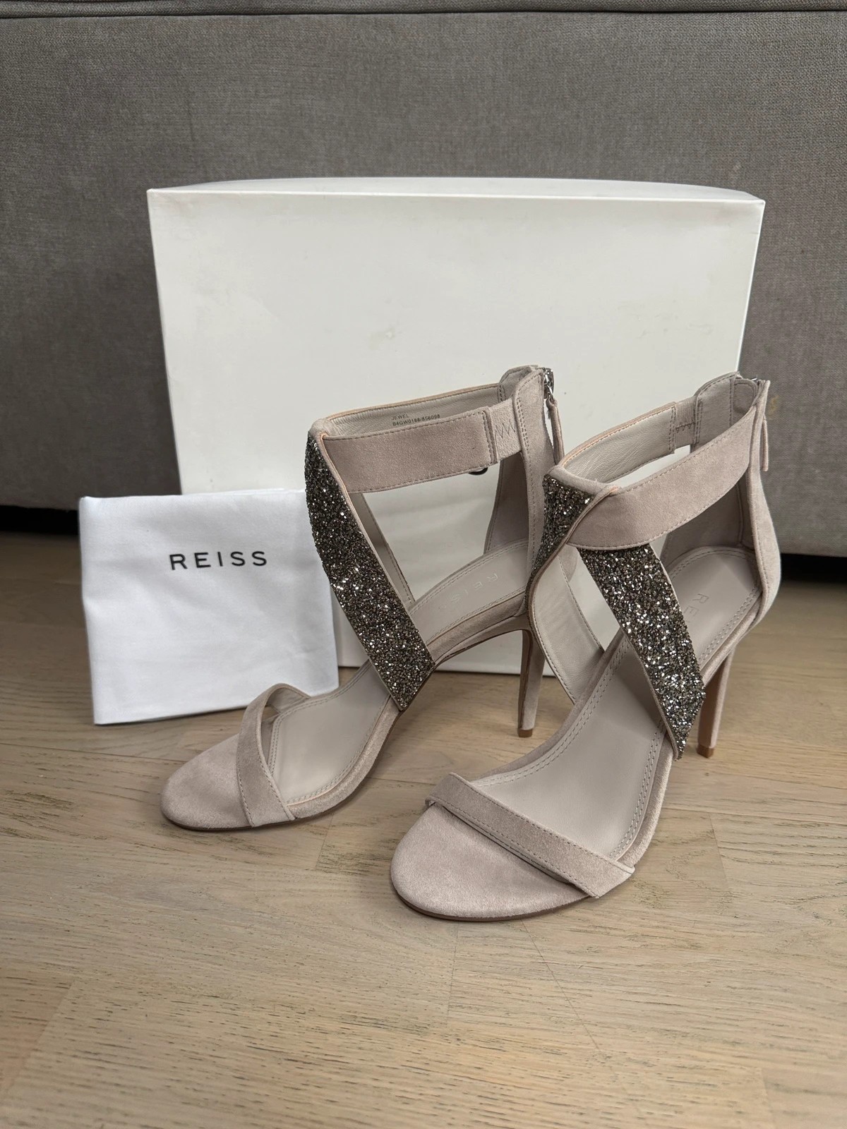 Reiss Women’s Mushroom Beige Jewel Straps Suede High Heels Sandals UK 6 EUR 39
