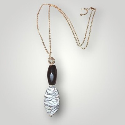 Picasso Jasper Onyx statement gemstone white black necklace goldtone euc
