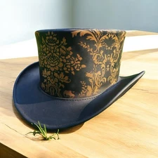 Men Black Leather Steampunk Top Hat Gold Floral Gothic Vintage Festival Wear