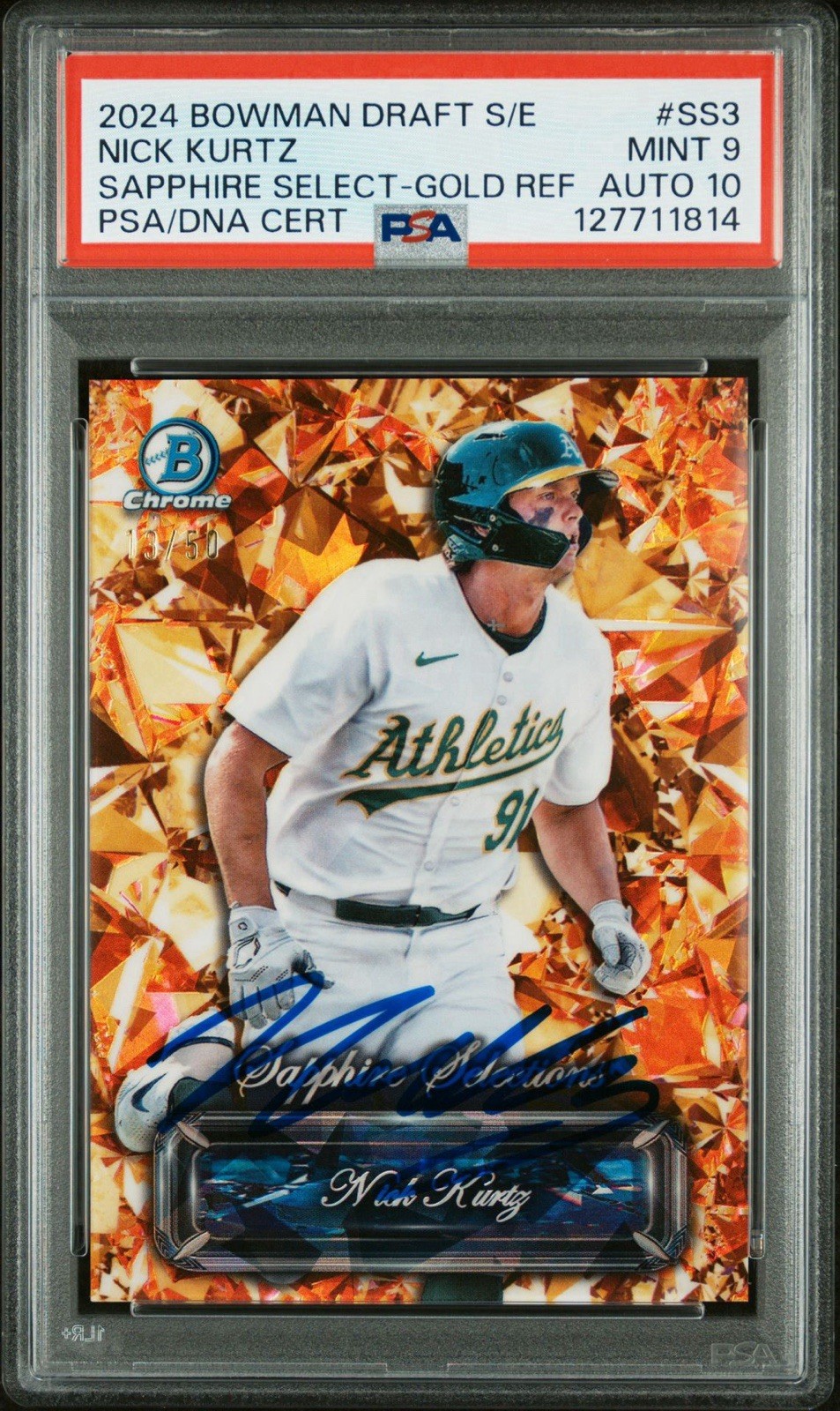 Nick Kurtz Signed 2024 Bowman Chrome Sapphire Gold /50 Autographed Auto PSA 9/10