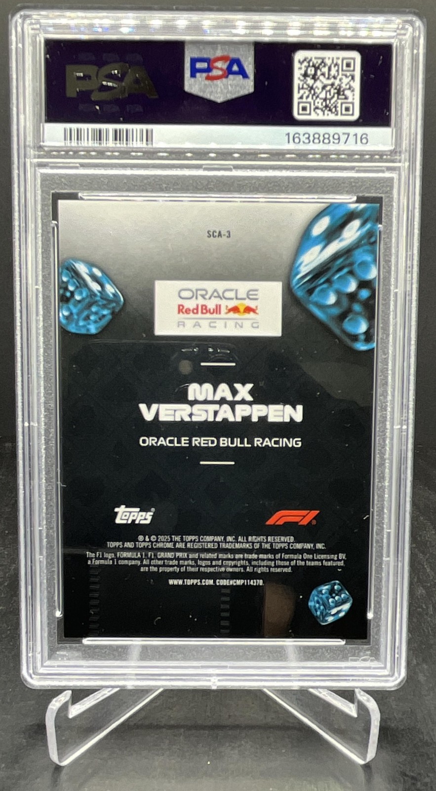 2025 Topps Chrome Sapphire F1 Max Verstappen Ace of Trade Gold 12/50 PSA 10 SCA3 view 2