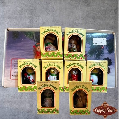 8 Holiday Friends Hand Painted Bisque Porcelain Bells Cat Dog Squirrel Penguin