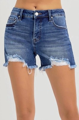 Risen Rachel Distressed Mid Rise Jean Shorts Dark Blue