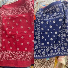 2 Vintage Bandanas, Red Paisley RN13960, Blue Color Fast Geometric Circles.