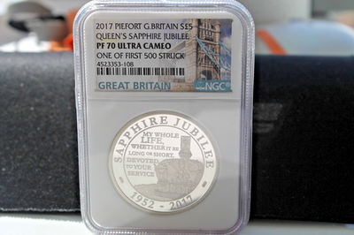 2017 PIEFORT G.B QUEEN'S SAPPHIRE JUBBILEE SILVER PF70 UL CAM ONE