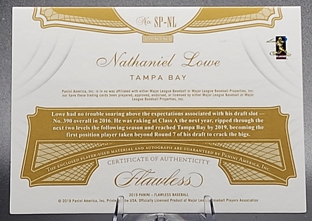 Nathaniel Lowe /25 2019 Panini Flawless Rookie RC Auto On Card Player Used SSP view 2