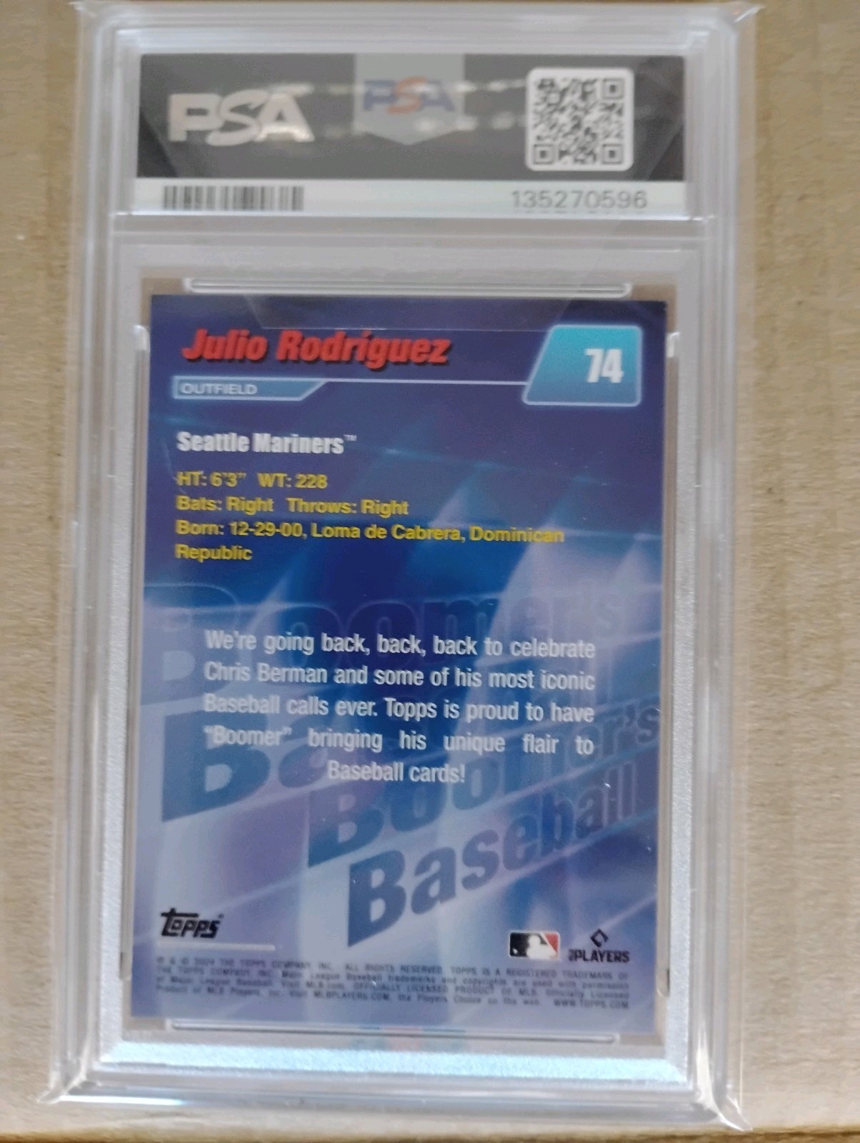 2024 Topps x Chris Berman Boomer's Baseball Julio Rodriguez #74 Orange /10 PSA9 view 2