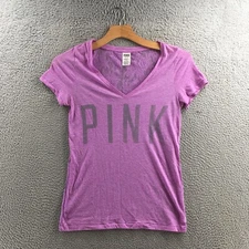 Victoria's Secret PINK Top Womens M Purple V-Neck Tee Lace Back Graphic Logo