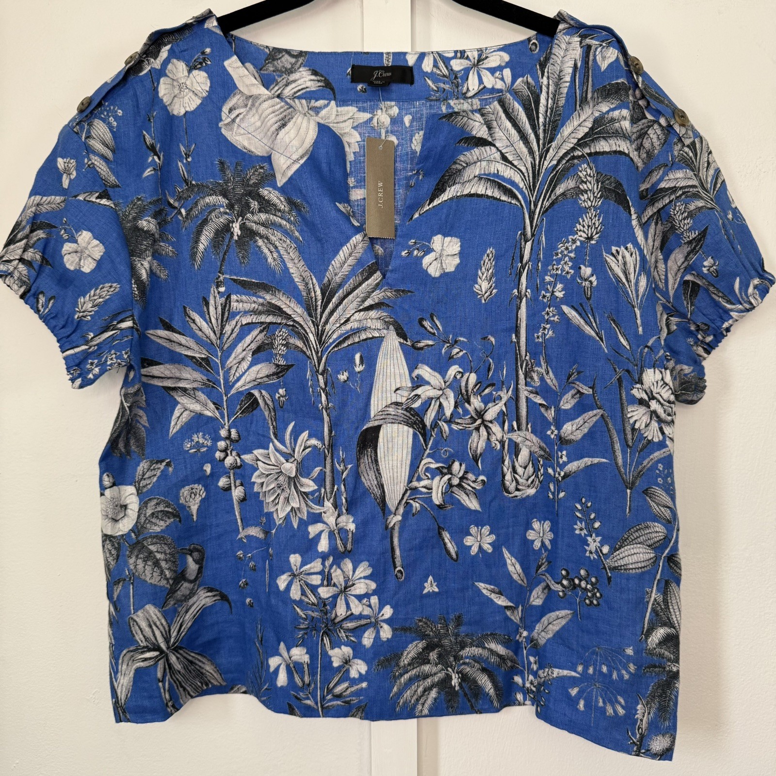 J. Crew 100% Linen Floral Top Boxy Women’s S Blue Tropical Bird Beachy V Neck