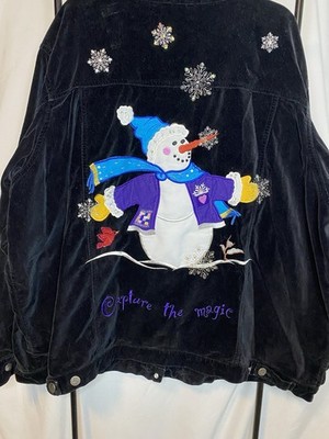 Quaker Factory Blk Velvet Snow Flakes Snowman Christmas Jacket Vintage 2X