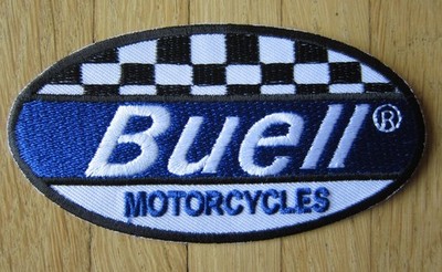 Aufnäher / Aufbügler/ Patch: BUELL Motorcycles - Logo & Schriftzug - blau-weiss
