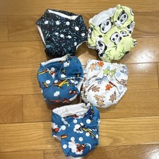 Lot of 5 Reusable Baby Cloth Diapers Snap Closures Mixed Prints, Newborn AIO