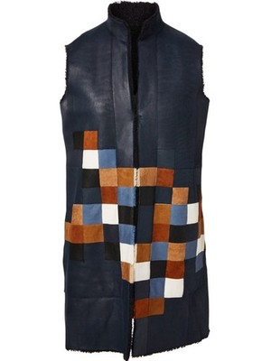 Akris Punto Reversible Black Blue Leather Shearling Vest Pixel Pattern Size US 4