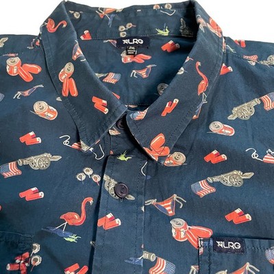 LRG 2XL Navy Novelty Print Button Up Shirt USA Flag Flamingo Beer Party Beach