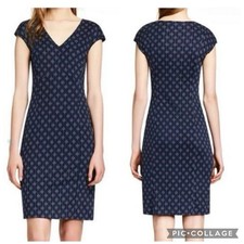 Tory Burch Libby Pinstripe Logo Print 100% Silk Sheath Dress Small Stretch Navy