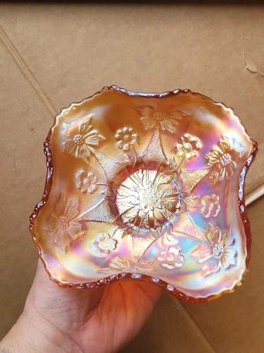 Cool Square Marigold FENTON Carnival Glass Little Flowers Sauce Bowl