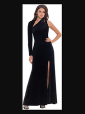 NWT Betsy  Adam Black Velvet Evening Gown High Slit One Shoulder Retail 249.00