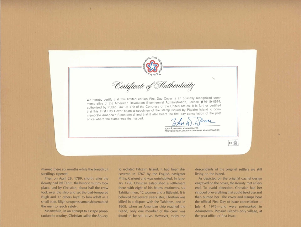 SAVOYSTAMPS	USA 1976 BICENTENNIAL COMMEMORATIVE FDC PITCAIRN ISLANDS - Image 2 of 2