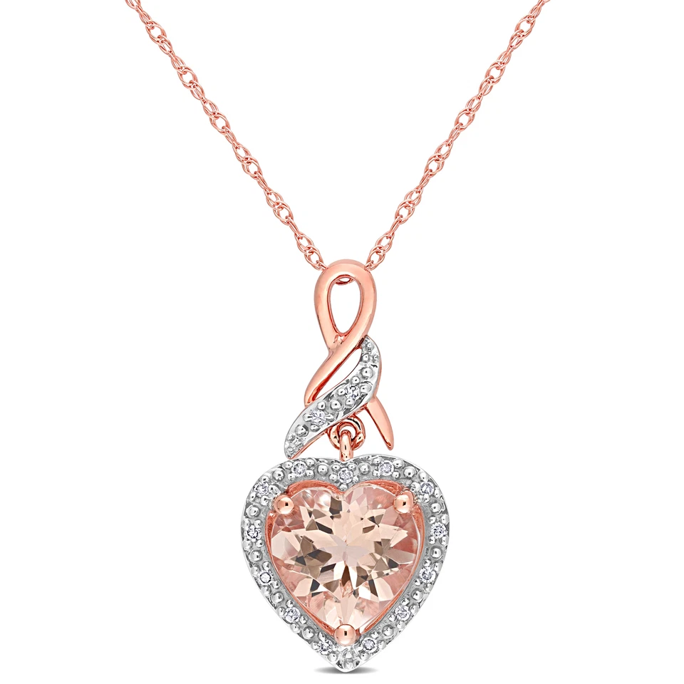 Amour 10k Rose Gold Morganite and Halo Diamond Heart Shaped Pendant with Chain