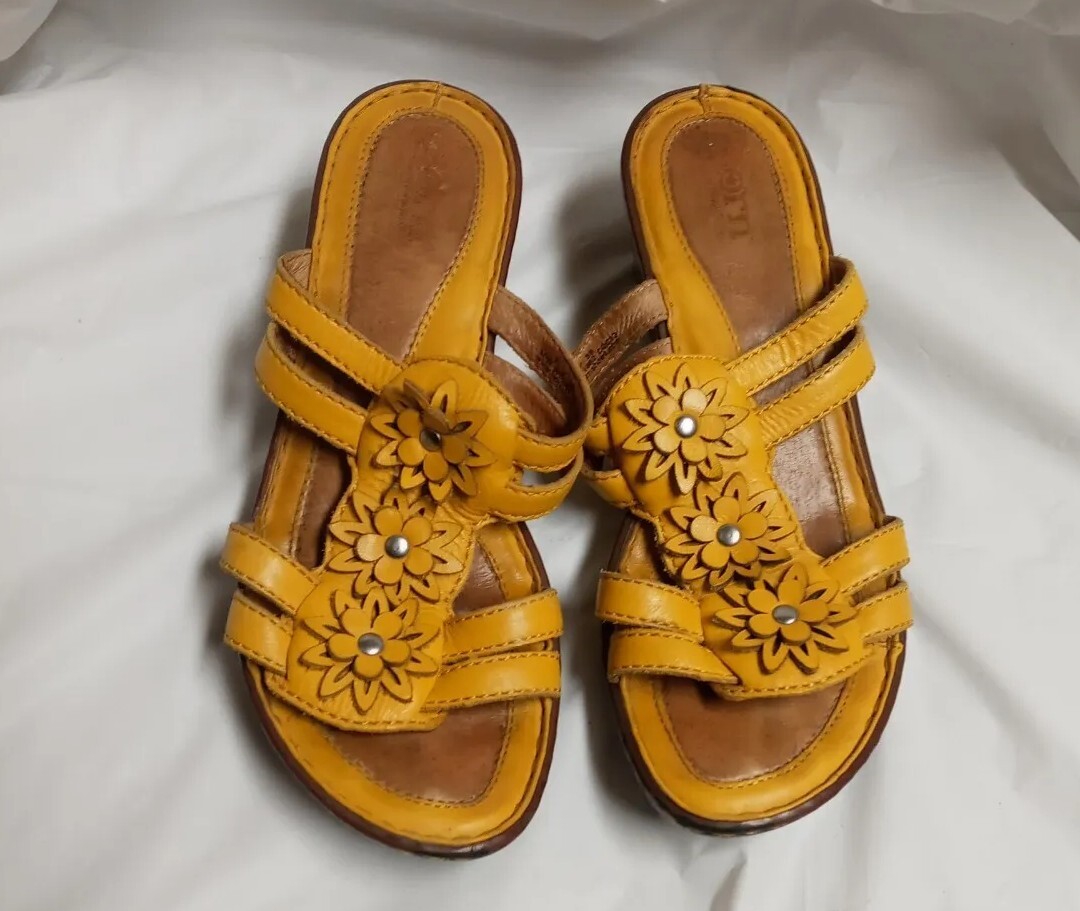Born sandals 7M slip on W71392 cqc12 Mustard Yellow synthetic wedge four  straps | eBay