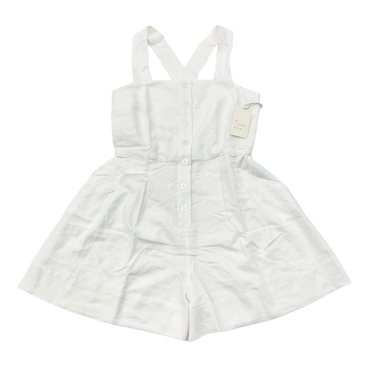 A New Day Size S Sleeveless Cross Back Linen Romper Dress Elastic Waist  White | eBay
