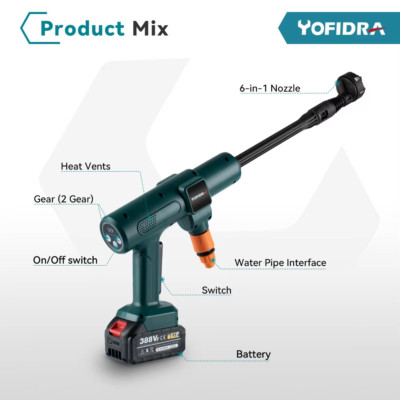 Yofidra 200Br Brushless אקדח מים חשמלי 6 ב-1 חרירי ניקוי רכב חליפת השקיה לגינה ע