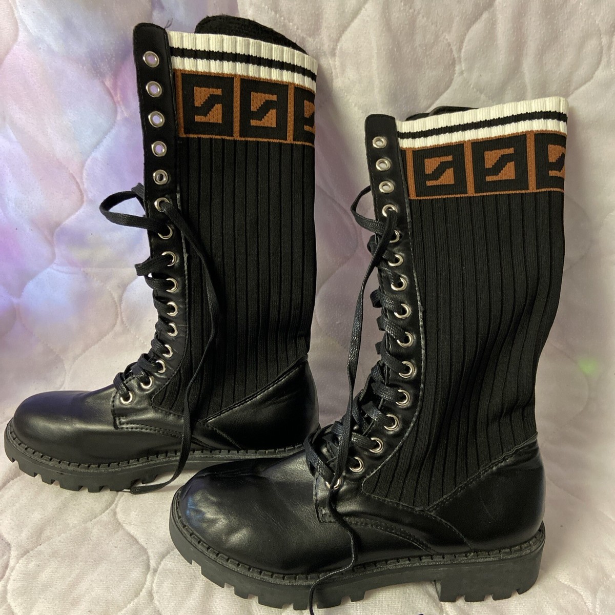 Knit Boots Womens Size Black, Brown White Knit Shaft Tread Soles