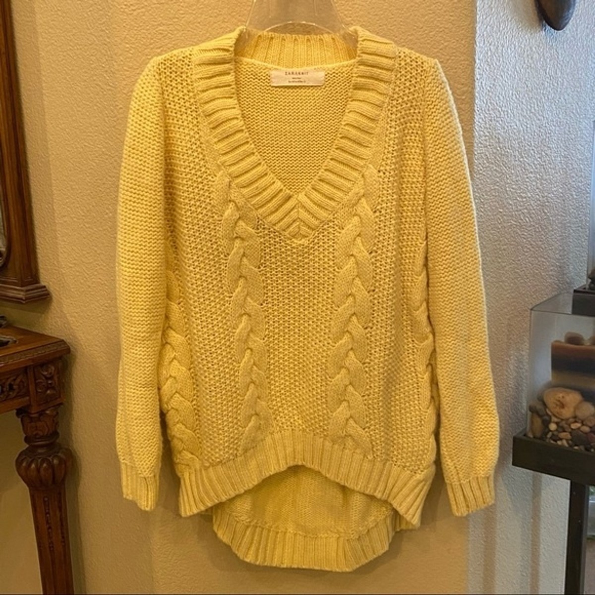 Wool Yellow Cable Knit Sweater Womens Cable Knit Zara V Neck