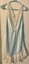 Vintage 1980s Lily Of France Blue Satin And Lace Nightgown