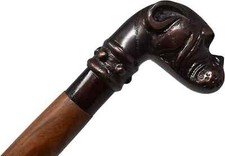 Solid Antique Finish Pitbull Dog Head Handle Vintage Wooden Walking Stick Cane