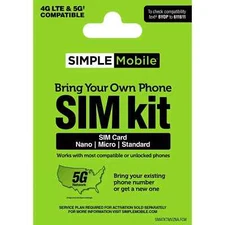 Simple Mobile Bring Your Own Phone Prepaid SIM Kit 3 in 1 fits all phones