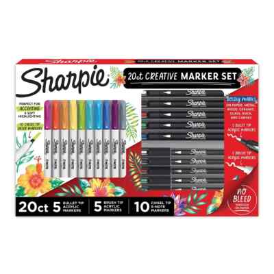 Sharpie 20ct Creative Permanent Marker Set, Bullet/Brush/Chisel Tips, Acrylic
