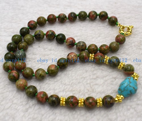 Genuine 8mm Green Unakite Round Gemstone Beads & Irregular Turquoise Necklace - Picture 2 of 12