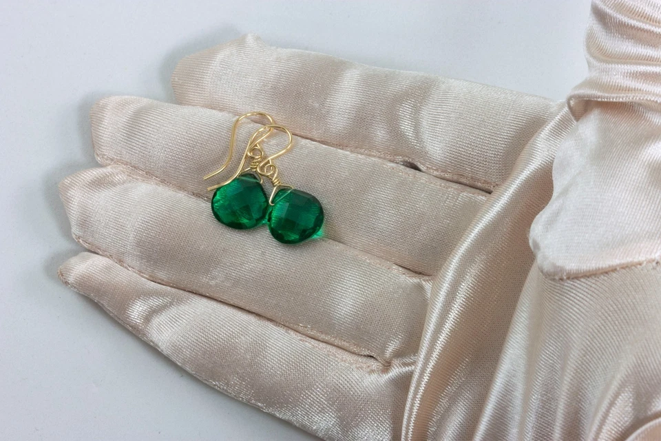 Изумрудно-зеленые серьги с имитацией изумрудного сердца граненые капли чистота 14 карат GF - Изображение 2 из 4