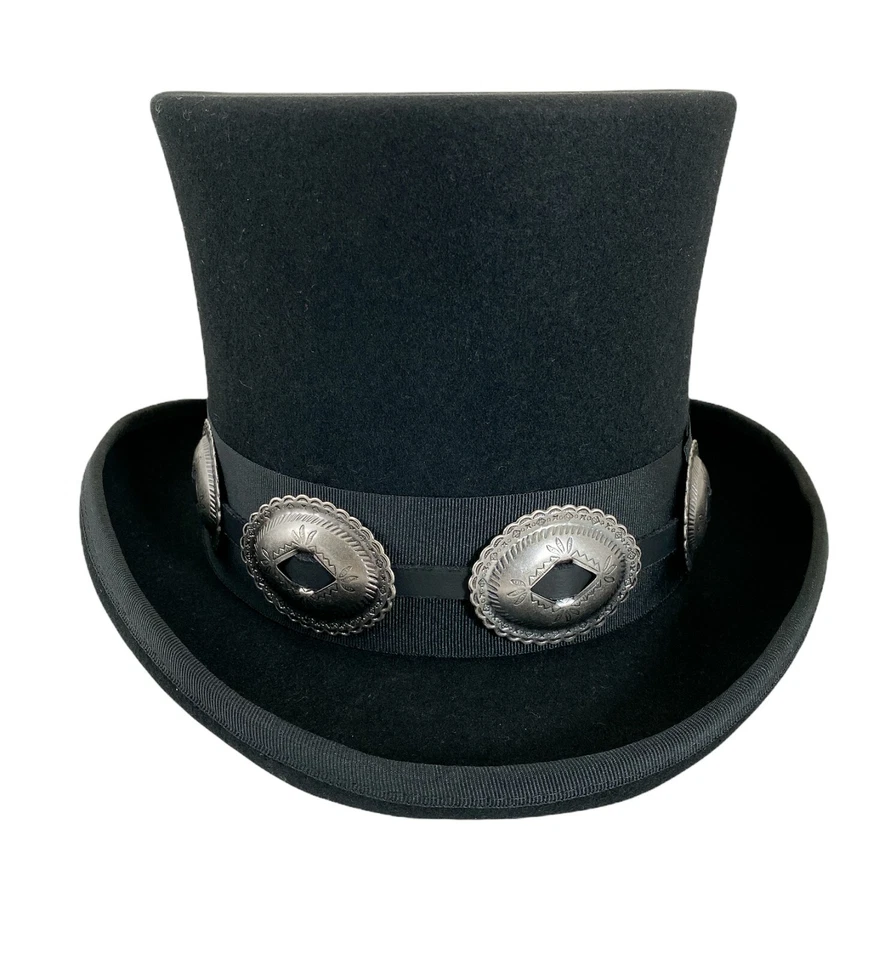 Black 100% Wool Felt Top Hat Concho Band Victorian Costume Slash Mad Hatter USA  - Image 2 of 4