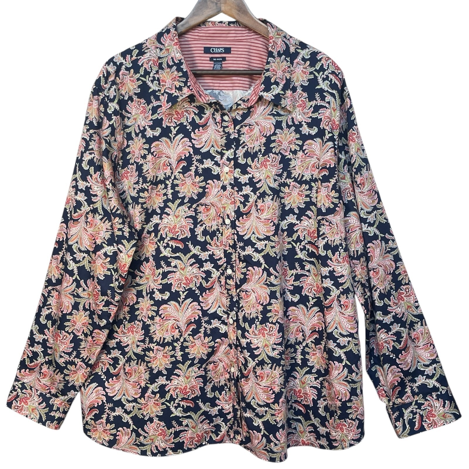Chaps Women's No Iron Shirt Top Size 3X Blue Floral Button-Up Long Sleeve Boho
