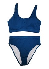 Two-Piece Blue Bikini Set With Scoop Neck Top High-Waist Bottoms Womens Size L