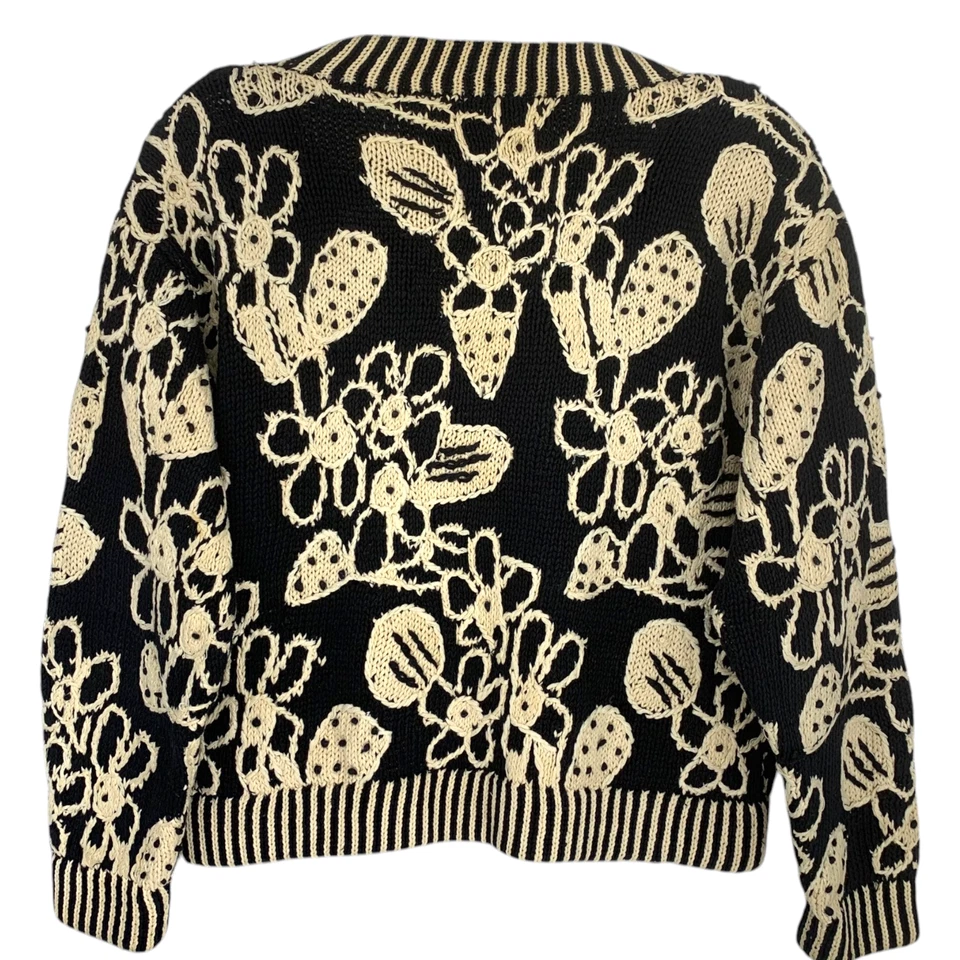 Cárdigan Suéter Tejido Grueso De Colección Express Tejido a Mano Negro y Crema Floral Talla M Foto 4 de 4