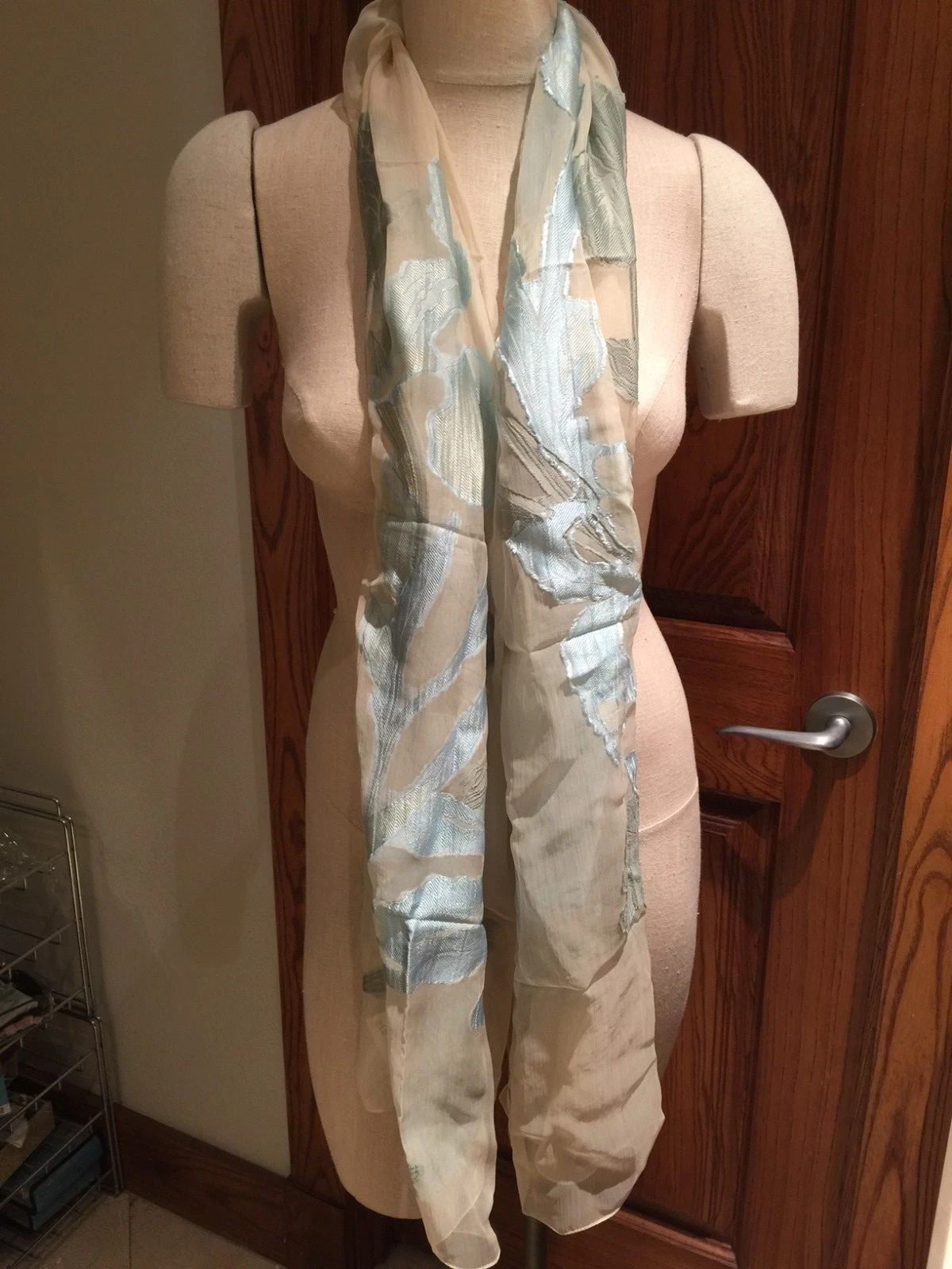 Giorgio Armani — NWT Giorgio Armani Silk Blend Beige Blue Green Floral Semi Sheer Scarf  FS