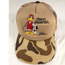 Vintage Ducks Unlimited 1986 John Baron Camo Trucker Hat Snapback Tan Brown