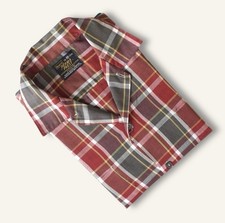 Vintage 60s 70s Sears Red Plaid Open Collar Shirt 15.5 M Made in USA Loop