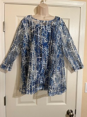 Ali Miles Blue Mesh Overlay Abstract Tunic Top XL