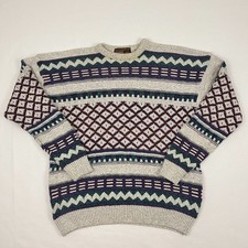 VTG Sweater Men L Multi Cotton Knit Crewneck Grandpa Pullover Jumper Made in USA