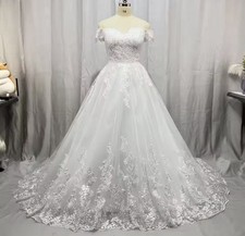 White Lace Off-Shoulder Ball Gown Wedding Dress with Train, Corset Back, Tulle